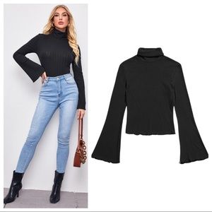 Black Turtle Neck Bell Sleeve Lettuce Trim Top